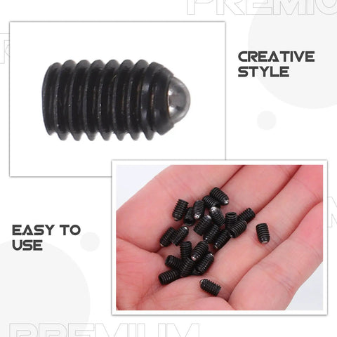 Close-up of M4x6 Ball Head Plunger Bolt showing black steel finish, part of 50 Pack M4x6 Ball Head Plunger Bolts Spring Loaded Stainless Steel Set Screws Heavy Duty Grub Fasteners Badass Locking Power No Jitter Grip For Furniture Clamps And Gear Builds.