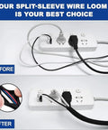 Before and after using Split Cable Sleeve Wire Loom One Quarter Inch Cable Protector, 10 Feet Long, for organized cable management.