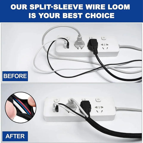 Before and after using Split Cable Sleeve Wire Loom One Quarter Inch Cable Protector, 10 Feet Long, for organized cable management.