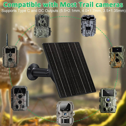10W Solar Panel For Trail Cam With Built In 10400 Mah Battery Pack, mounted for compatibility with various trail cameras.