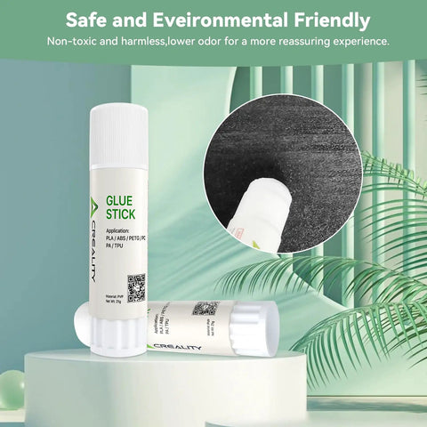 Rock Solid 3D Printer Glue Stick For Build Plate Hot Bed on display, highlighting non-toxic formula for adhesive on ABS, PLA, and PETG.