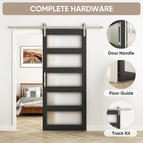 Built Like A Tank 36 By 84 Inch Glass Barn Door With Frosted Tempered Panes And Sturdy Wood Core In Deep Black Hue and hardware.