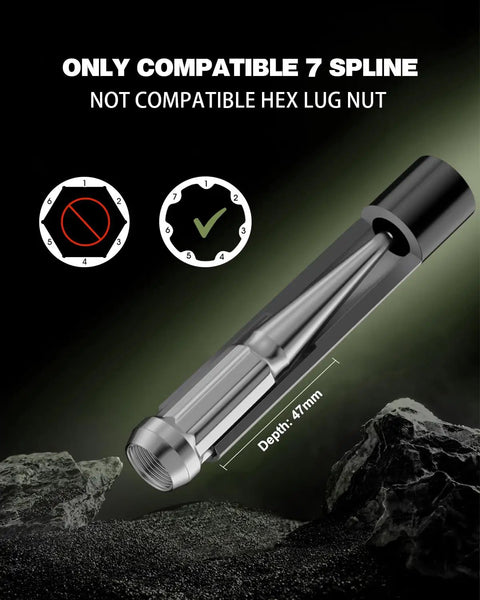 Badass 7 Spline Lug Nut Socket Key Replacement Tool showing depth measurement of 47mm for 7 point tuner locking spiked lug nuts.