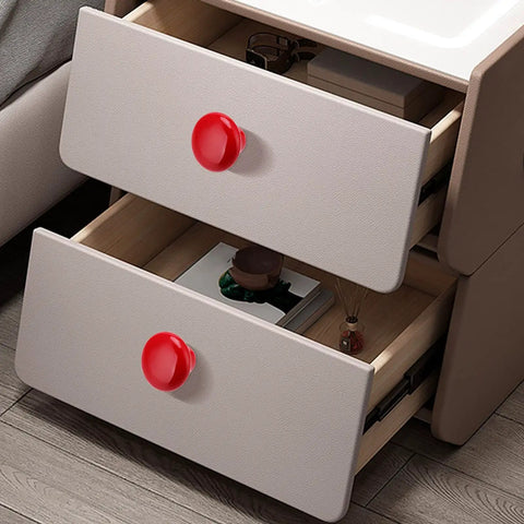 No Sweat Red Ceramic Cabinet Knobs Paired With Round Mushroom Door Pulls on modern dresser drawers in a cozy setting.