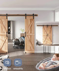 Rock Solid Eight Foot Double Sliding Barn Door Track Hardware Kit With Straight Pulley And Hella Smooth Quiet Rollers shown in modern living room.