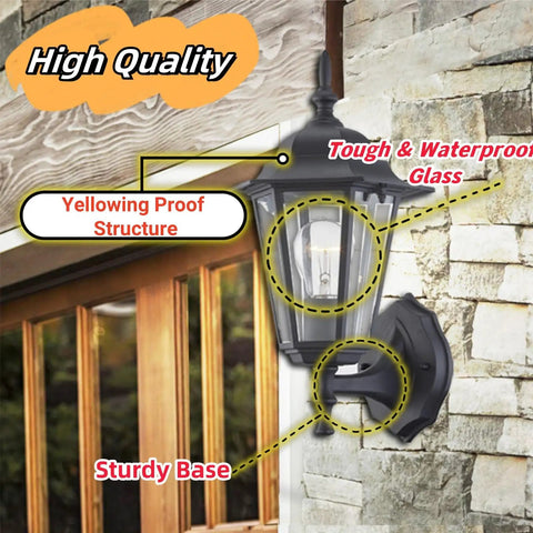 Rock Solid Black Outdoor Wall Sconce For Porch Lighting Fixture with Tough & Waterproof Glass and Sturdy Base on Stone Wall.