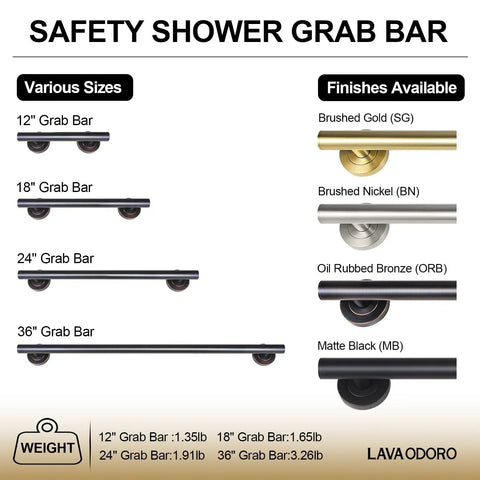 Image showing various sizes and finishes of Built Tough Shower Safety Bar For Seniors And Disabled Users grab handles.