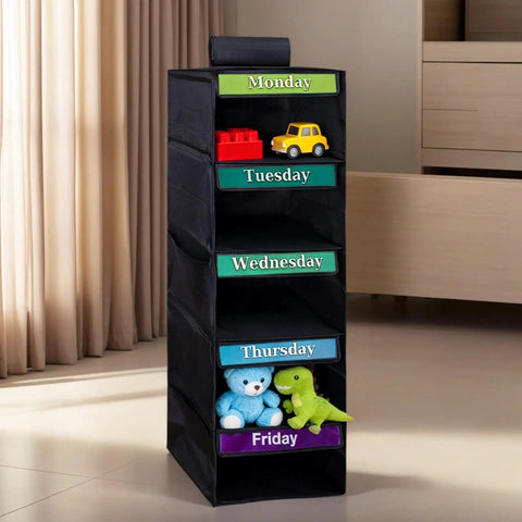Kids Five Shelf Hanging Closet Organizer With Weekday Dividers, black, storage for toys with daily sections.