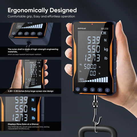 Pro-Grade Digital Force Gauge with Epic Big Screen and Bold Multi-Unit Readouts for Killer Push Pull Accuracy and Trigger Pull Testing for Industrial Quality Assurance held in hand.