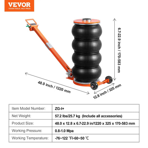 Heavy Six Ton Air Lift Jack With Quad Reinforced Pockets Hoisting Your Ride Up To Twenty Six Point Five Inches For Cars Trucks And SuVs Simple Swap Daily Driver Solution displayed with dimensions and features