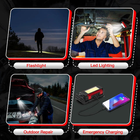 Rechargeable LED Magnetic Work Light 2 Pack With USB Charging in various uses: camping, car repair, DIY, and charging device.