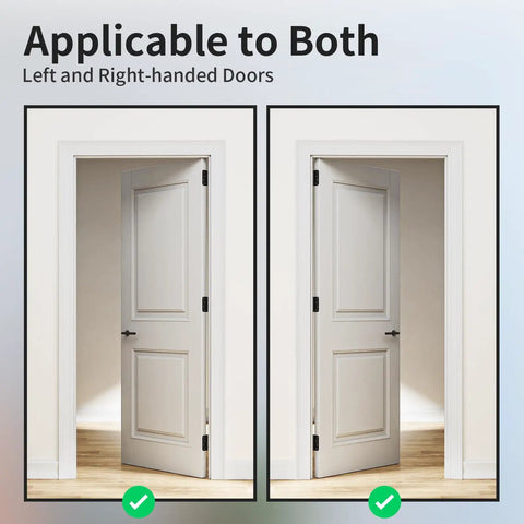 Pro Heavy Duty Self Closing Door Hinges 4 Inch 2 Pack shown on left and right-handed doors in a modern interior setting.