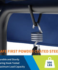 Close-up of spring hook on blue Three-Seat Outdoor Porch Swing With Adjustable Canopy And Removable Cushions Powder-Coated Steel Frame