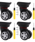 4 Pieces Universal Swivel Left Suitcase Wheel Replacement Black 360 Degree Wheel For Luggage 115W Series W055 with screws and screwdriver