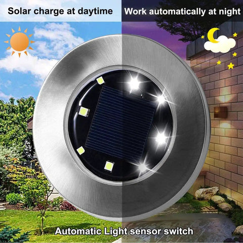 Bright Four Point Six Inch Solar Ground Lights With 8 LEDs Waterproof Outdoor In Ground Landscape Pathway Lights For Yard Lawn Patio Walkway 8 Pack White No Brainer Easy Install Long Lasting Nighttime Glow, showing solar panel with day and night function.