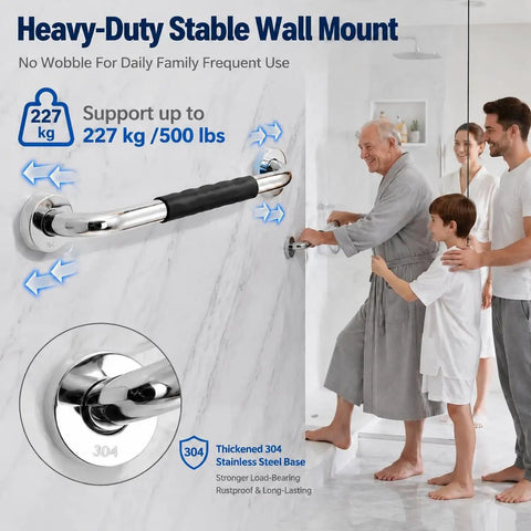 Rock Solid Stainless Steel Shower Grab Bars Two Pack With Thick Silicone Anti Slip Sleeve That Cradles Your Hand For Totally Secure Bathroom Safety Rails And Zero Sweat Grip, installed on a bathroom wall with family using.