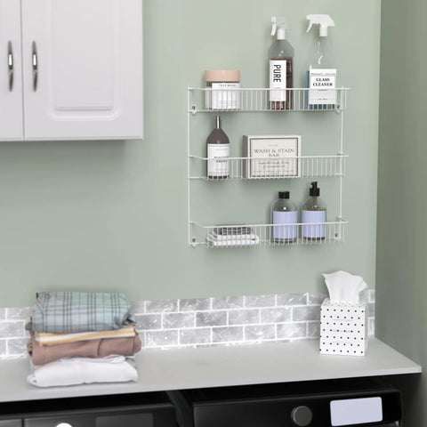 Top Notch 3 Tier Wall Mounted Spice Rack Set Of 2 For Pantry Organization, No Sweat Multipurpose Shelf To Keep Your Laundry Room Tidy, Quick Install White Finish 20 By 19 Inches Width with cleaning products.