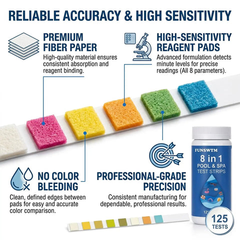 Image of Smooth Eight In One Salt Water Pool Testing Kit With 125 Fast Action Strips showing reagent pads and test strip details.