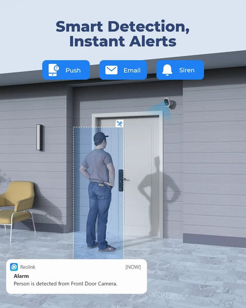 Indoor Wireless Security Camera With Battery Power No Hub Needed 3MP Night Vision Smart Human And Vehicle Detection Local Storage Argus 2E showing smart detection alert near house entrance.