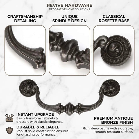 Boss Level Vintage Bronze Cabinet Drawer Pulls With Genuinely Sweet Old School Scrollwork And A Heavy Duty Five Point Five Inch Drop Handle close-up view.