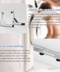 Close-up of heavy duty all stainless steel mobile fridge stand base with wheels showcasing adjustable scale markings for precise sizing.
