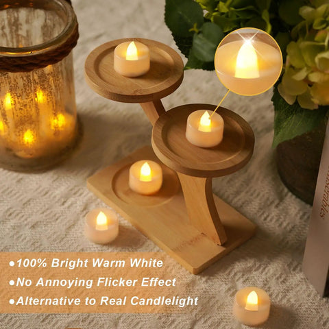 24 Pack Battery Operated Tea Lights With Timer For Home Decor, cozy warm white flickering LED candles on wooden stand.