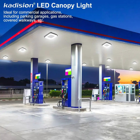 LED Canopy Light 100W Square 10x10 Inches, Gas Station Style With Triple Wattage Options illuminating a gas station canopy.