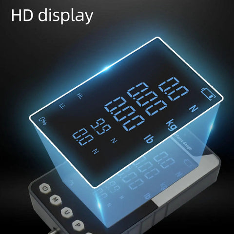 No Sweat Handheld Dynamometer With Drop Dead Easy Digital Force Gauge display showing measurements in N, kg, lb for quick readings.