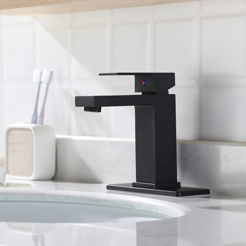 Brass Single-Handle Bathroom Sink Faucet With Escutcheon, Pop Up Drain, And Water Supply Hoses, Matte Black Finish