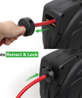 3/8 Inch By 25 Foot PVC Air Hose With 3 Foot Lead In And Auto Retracting Latch System demonstration on black polypropylene reel