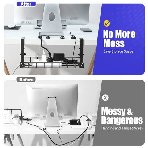 Under Desk Cable Management Tray 2 Pack With Clamp No Drill No Screws Easy Install Cable Organizer showing before and after use
