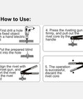 Diagram showing steps to use Stainless Steel Hand Rivet Nut Tool Kit BT 606 With M8 Nut 9mm Stroke 25x Leverage for sheet metal.