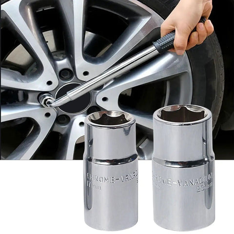Badass Mini Dual Head Socket Wrench Set For Car Guys And Bike Riders 17 Mm 19 Mm 21 Mm 23 Mm showing a hand using it on a tire.