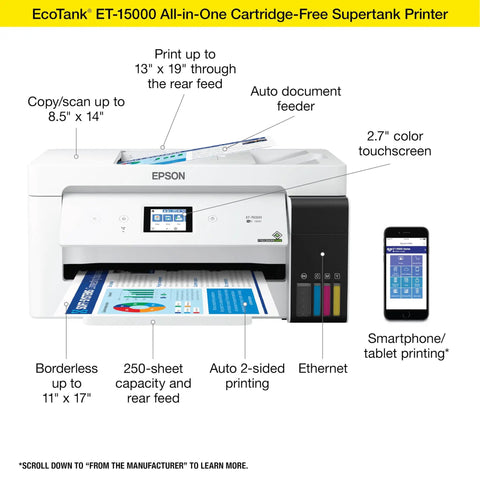 EcoTank Wireless Color All In One Printer With Scanner And Copier, Fax, Ethernet, Supertank System, Printing Up To 13 By 19 Inches, White Ideal For Home Office And Small Business Use, front view showing features