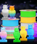 Glow In The Dark 3D Printer Filament Bundle Multicolor PLA 1.75mm 250G X 4 Pack with owl prints in green, blue, purple, rainbow.