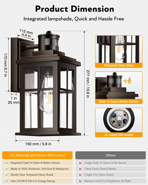 Badass Adjustable Motion Sensor Outdoor Lights Oil Rubbed Bronze Wall Mount Porch Sconce dimensions with clear glass shade.