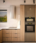 Modern kitchen with wood cabinets featuring 10 Pack Finger Edge Pulls For Cabinets With 76mm Hole Center And 102mm Overall Length Matte Black Concealed Handles, showcasing sleek look.