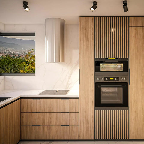 Modern kitchen with wood cabinets featuring 10 Pack Finger Edge Pulls For Cabinets With 76mm Hole Center And 102mm Overall Length Matte Black Concealed Handles, showcasing sleek look.