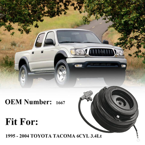 Heavy Duty AC Compressor Assembly With Front Clutch For Toyota Tacoma 3.4L 1995 Through 2004 V6 shown with truck backdrop.
