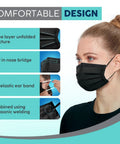Woman wearing a black 3 Ply Disposable Face Mask With All Day Comfort And Breathable Material Adjustable Elastic Ear Loops.