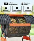 53 Gallon Dual Chamber Compost Tumbler With Geared Rotation Adjustable Vents Elevated Base And Lockable Handle For No Fuss Year Round Backyard Garden Composting showing open compartments with organic matter.