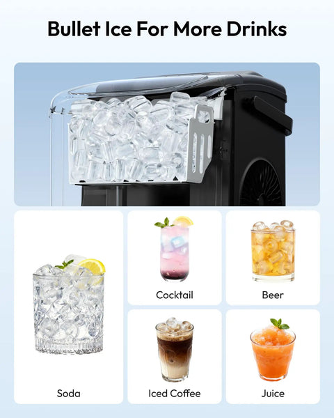 Countertop Ice Maker With Handle Portable Bullet Ice In 6 Minutes, Makes 26.5 Lbs Per Day, different drinks shown