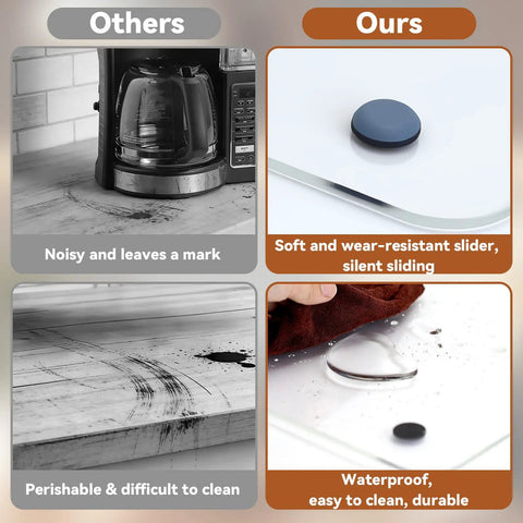 Comparison image of Heavy Duty Acrylic Appliance Slider For Kitchen Counters illustrating benefits, waterproof feature, and easy cleaning.