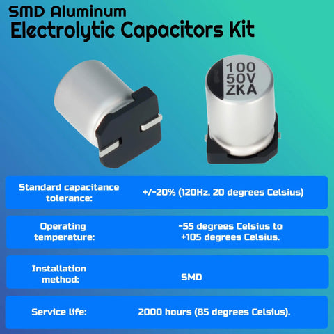 Professional Grade Top Shelf Smd Aluminum Electrolytic Capacitor Assortment 180 Piece Maker Kit Featuring Hella Sturdy 50v Rating and Killer Coverage for Automotive Electronics, showing detailed capacitor specifications.