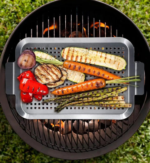Outdoor BBQ Grill Pan Set Of 2 Stainless Steel Perforated Grilling Baskets With Handles, with vegetables grilling over flames