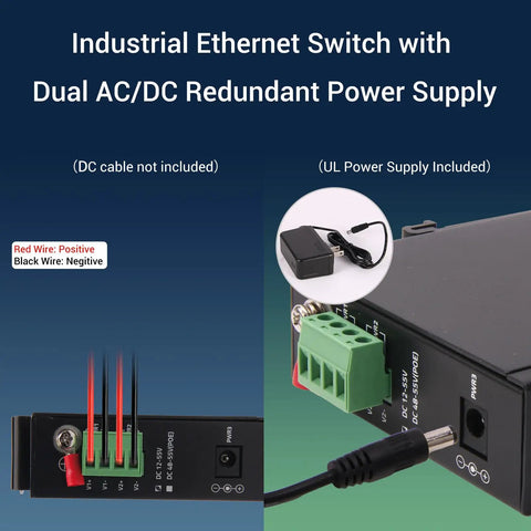 Rugged 4 Port Gigabit Industrial Ethernet Switch With 1 SFP Uplink And 1 RJ45 Port Din Rail And Wall Mountable power supply view