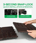 Hands installing Interlocking Deck Tiles For Indoor And Outdoor Use Waterproof Acacia Wood Patio Tiles Dark Brown Checker Pattern 11.81 Inch Squares Ten Tile Set Easy No Tool Installation For Quick DIY Patio Or Balcony Upgrade.