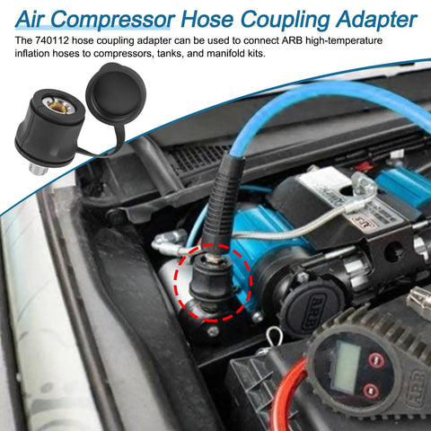 Badass 740112 Air Compressor Hose Adapter and Rock Solid Quick Connect Coupler with Snappy Dust Cap installed on engine.