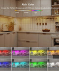 Under Cabinet RGB LED Strip Lights With Dimmable White And Color Voice Control With Alexa And Google Home Smart App Remote Plug In Kitchen Lighting Kit Lit Color Changing Mood Lighting 6 Piece Set displayed in a kitchen setting