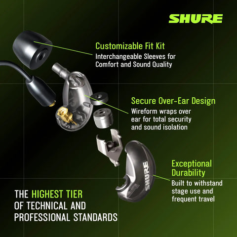 SE215 Pro Wired Earbuds For Pros Sound Isolating Earphones With breakdown of parts and features highlighted, focus on fit.